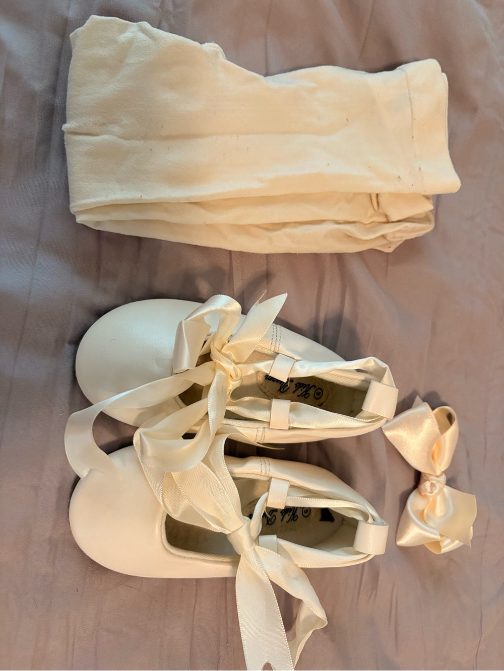 Flower girl set: Cream Satin Ballet Flats with Ribbon Tie, hair bow, tights